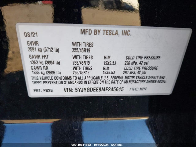 2021 TESLA MODEL Y 5YJYGDEE8MF245615 Photo 8