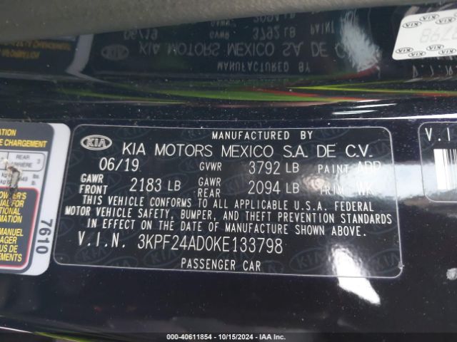 3KPF24AD0KE133798 KIA Forte Lxs