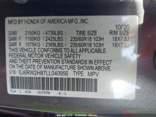 5J6RW2H87LL040956 Honda Cr-v Awd Ex-l