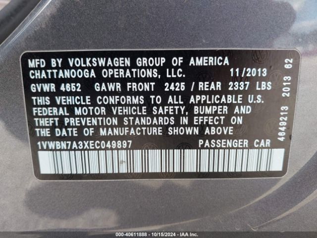 1VWBN7A3XEC049897 Volkswagen Passat 2.0l Tdi Se