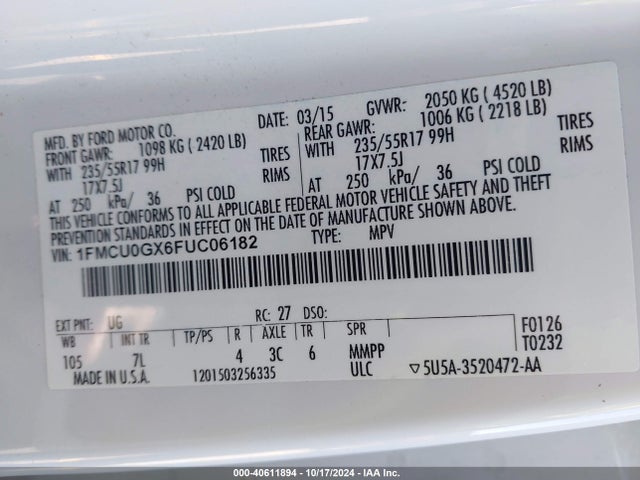 Ford ESCAPE SE 2015 1FMCU0GX6FUC06182 Image 9