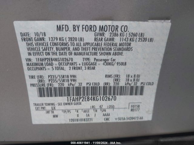 1FAHP2E84KG102670 Ford TAURUS SEL