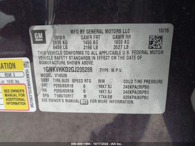 1GNKVHKD2GJ205288 Chevrolet Traverse 2lt