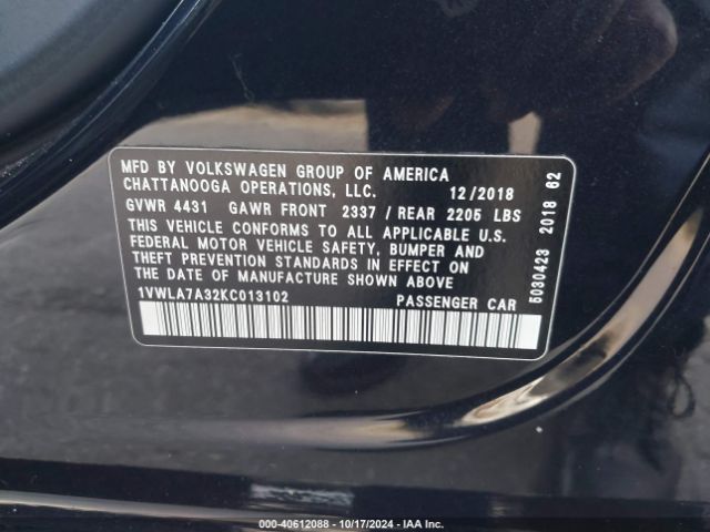 1VWLA7A32KC013102 Volkswagen Passat 2.0t Wolfsburg Edition