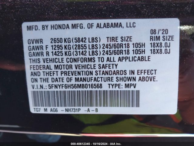 5FNYF6H56MB016568 Honda Pilot Awd Ex-l