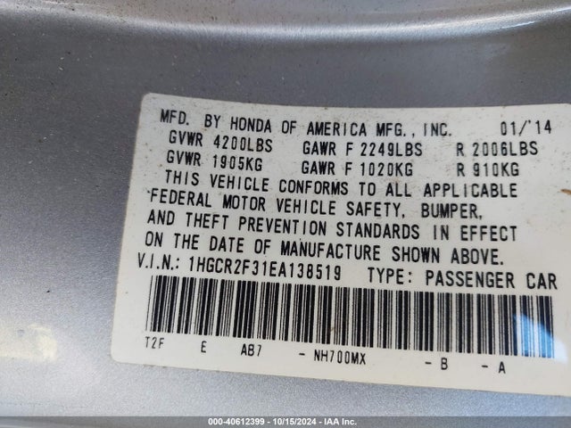 Honda ACCORD LX 2014 1HGCR2F31EA138519 Image 9
