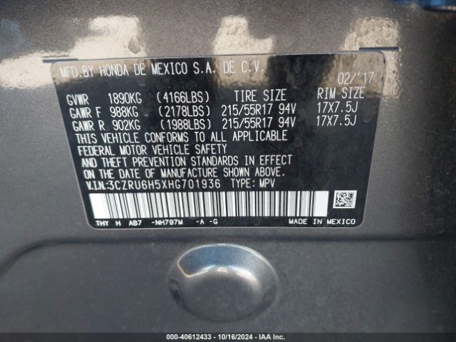 3CZRU6H5XHG701936 Honda HR-V EX