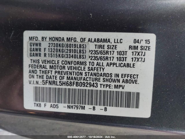 Honda Odyssey Ex-l 2015 5FNRL5H68FB092943 Image 9