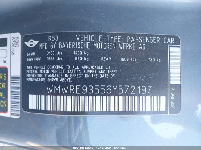 2006 MINI COOPER S WMWRE93556YB72197 Photo 8