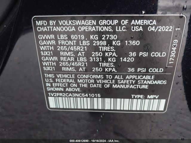 1V2FR2CA3NC541015 Volkswagen Atlas 3.6l V6 Sel Premium R-line