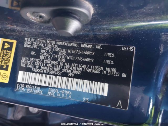 5TDKKRFH1FS091452 Toyota Highlander Xle V6