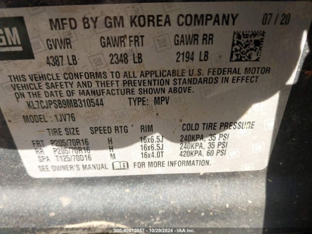 KL7CJPSB9MB310544 Chevrolet Trax Awd Lt