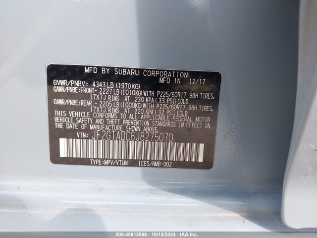 Subaru Crosstrek 2.0i Premium 2018 JF2GTADC6J8275070 Image 9