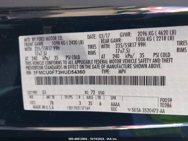 2017 FORD ESCAPE 1FMCU0F73HUD54360 Photo 8