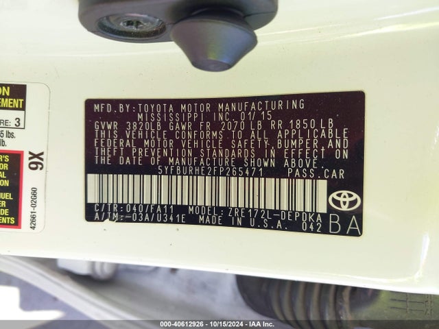 Toyota COROLLA L 2015 5YFBURHE2FP265471 Image 9