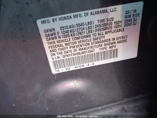 5FNYF5H99JB014547 Honda Pilot Touring