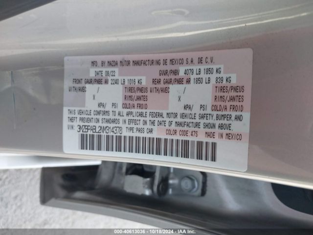 3MZBPABL2NM314378 Mazda Mazda3 Select