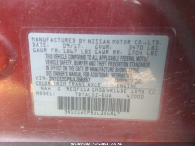 3N1CE2CP8JL356867 Nissan Versa Note Sv
