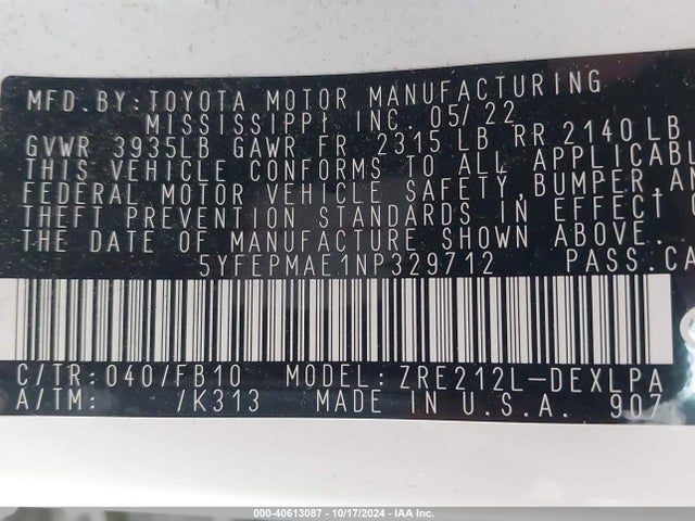 Toyota COROLLA LE 2022 5YFEPMAE1NP329712 Image 9