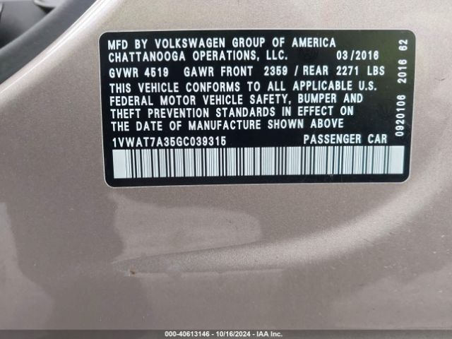 1VWAT7A35GC039315 Volkswagen Passat 1.8t S
