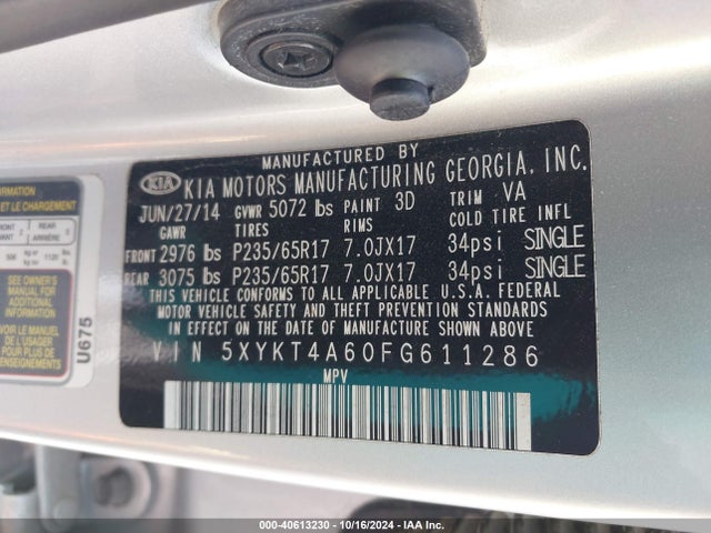 KIA SORENTO LX 2015 5XYKT4A60FG611286 Image 9