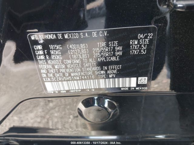 3CZRU5H51NM744116 Honda Hr-v 2wd Ex