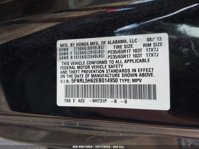 Honda Odyssey Ex-l 2014 5FNRL5H62EB014950 Image 9