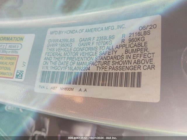 Honda ACCORD LX 2020 1HGCV1F16LA092204 Image 9