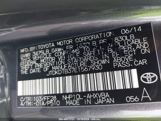 JTDKDTB37E1567930 Toyota Prius C Two