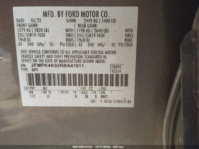2FMPK4K92NBA41811 Ford Edge Titanium