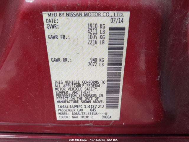 Nissan Altima 2.5 Sl 2015 1N4AL3AP9FC130722 Image 9