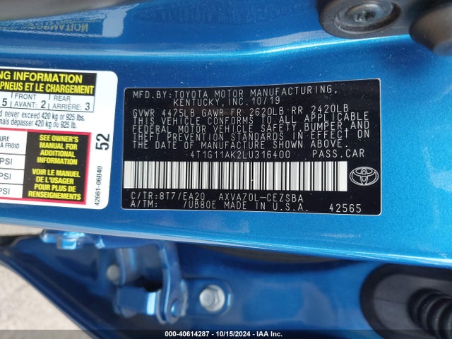 Toyota CAMRY SE 2020 4T1G11AK2LU316400 Image 9