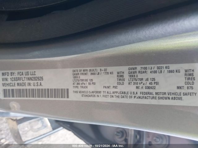 1C6SRFLT1NN282626 RAM 1500 Rebel  4x4 5'7 Box
