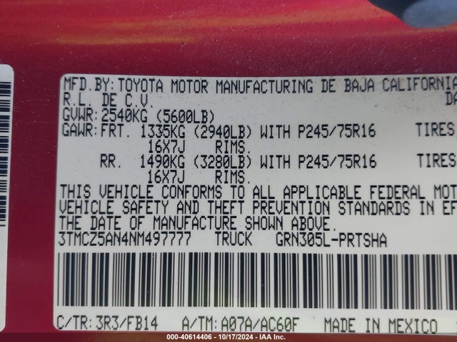 3TMCZ5AN4NM497777 Toyota Tacoma Sr V6