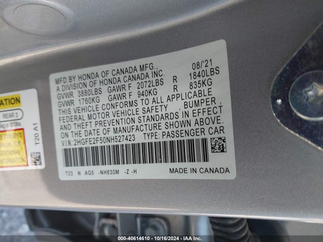 Aukcja sprzedaży 2022 Honda Civic Sport, vin: 2HGFE2F50NH527423, numer aukcji: 40614610