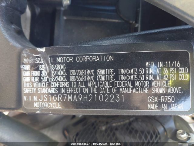 2017 SUZUKI GSX-R750 JS1GR7MA9H2102231 Photo 9