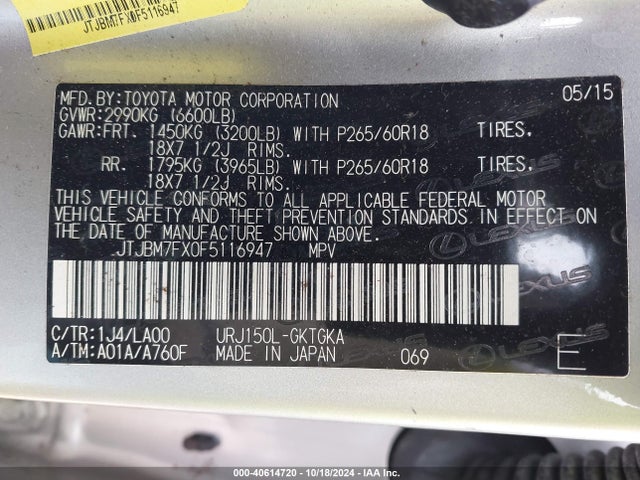 Lexus 460 2015 JTJBM7FX0F5116947 Image 9