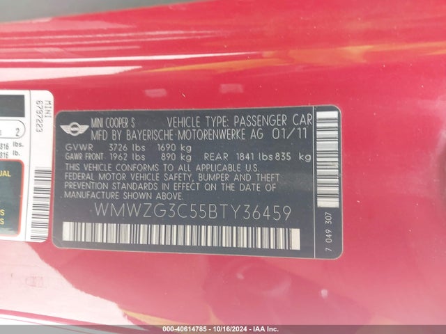 2011 MINI COOPER S CLUBMAN WMWZG3C55BTY36459 Photo 8