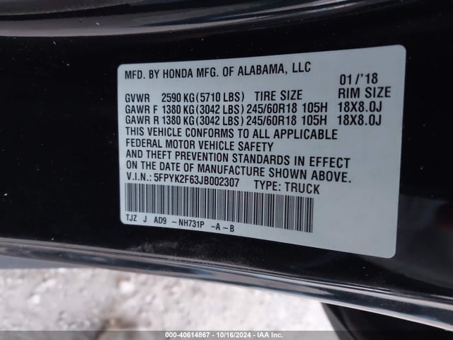 Honda Ridgeline Rtl-t 2018 5FPYK2F63JB002307 Image 9