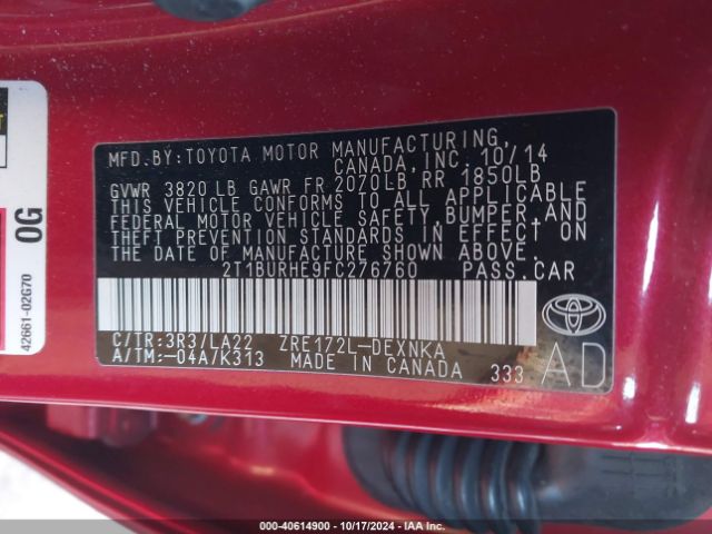 2T1BURHE9FC276760 Toyota Corolla Le Premium
