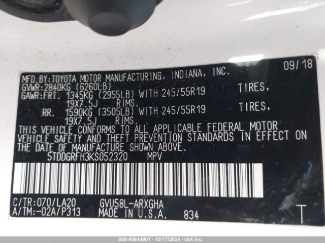 5TDDGRFH3KS052320 Toyota Highlander Hybrid Limited Platinum