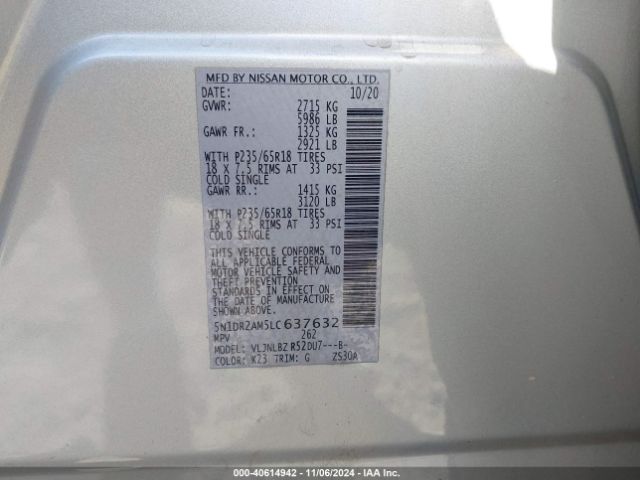 5N1DR2AM5LC637632 Nissan Pathfinder S 4wd