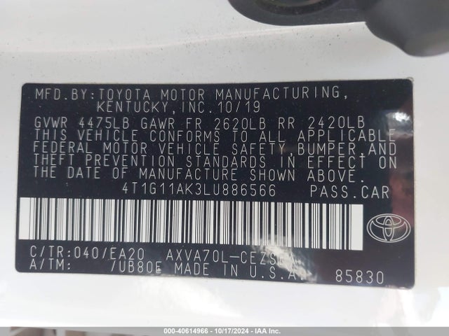 Toyota CAMRY SE 2020 4T1G11AK3LU886566 Image 9
