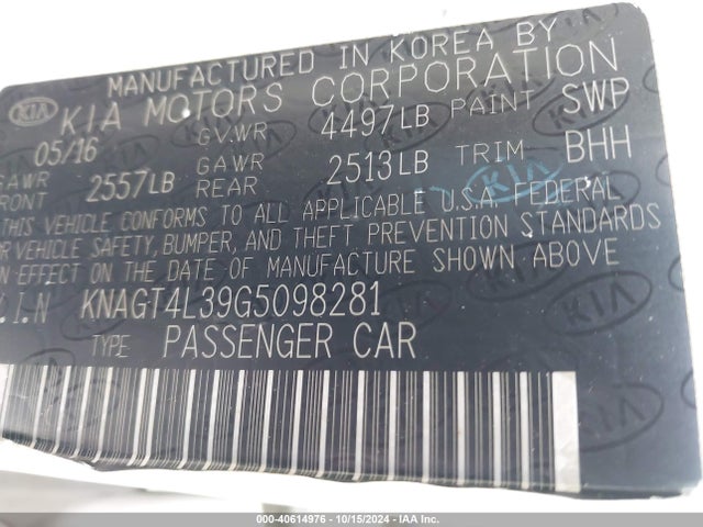 KNAGT4L39G5098281 KIA Optima Lx