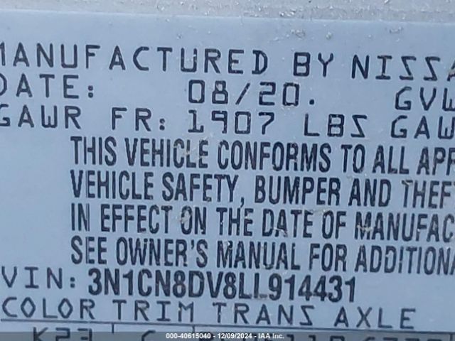 3N1CN8DV8LL914431 Nissan Versa S Xtronic Cvt