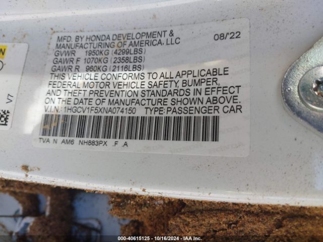 1HGCV1F5XNA074150 Honda Accord Ex-l