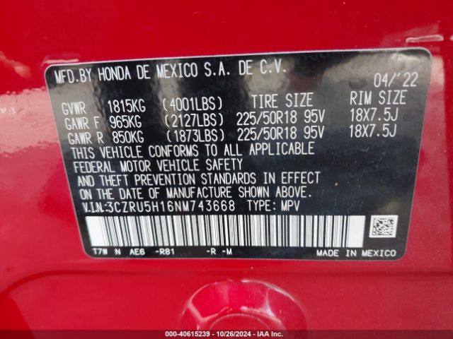 3CZRU5H16NM743668 Honda Hr-v 2wd Sport