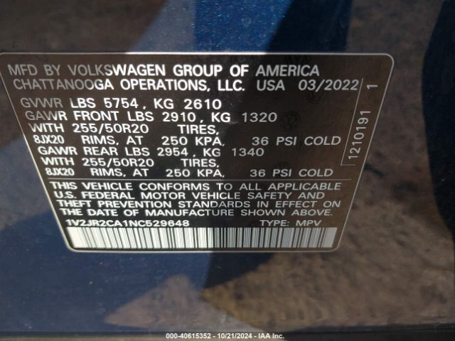 1V2JR2CA1NC529648 Volkswagen Atlas 3.6l V6 Se W/technology