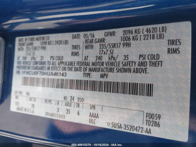 1FMCU0F70HUA46143 Ford ESCAPE S