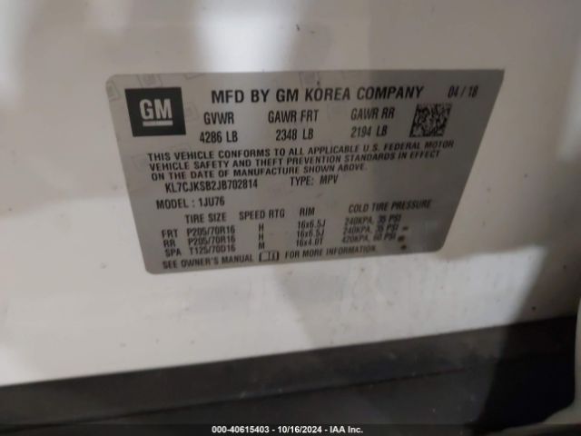 KL7CJKSB2JB702814 Chevrolet TRAX LS